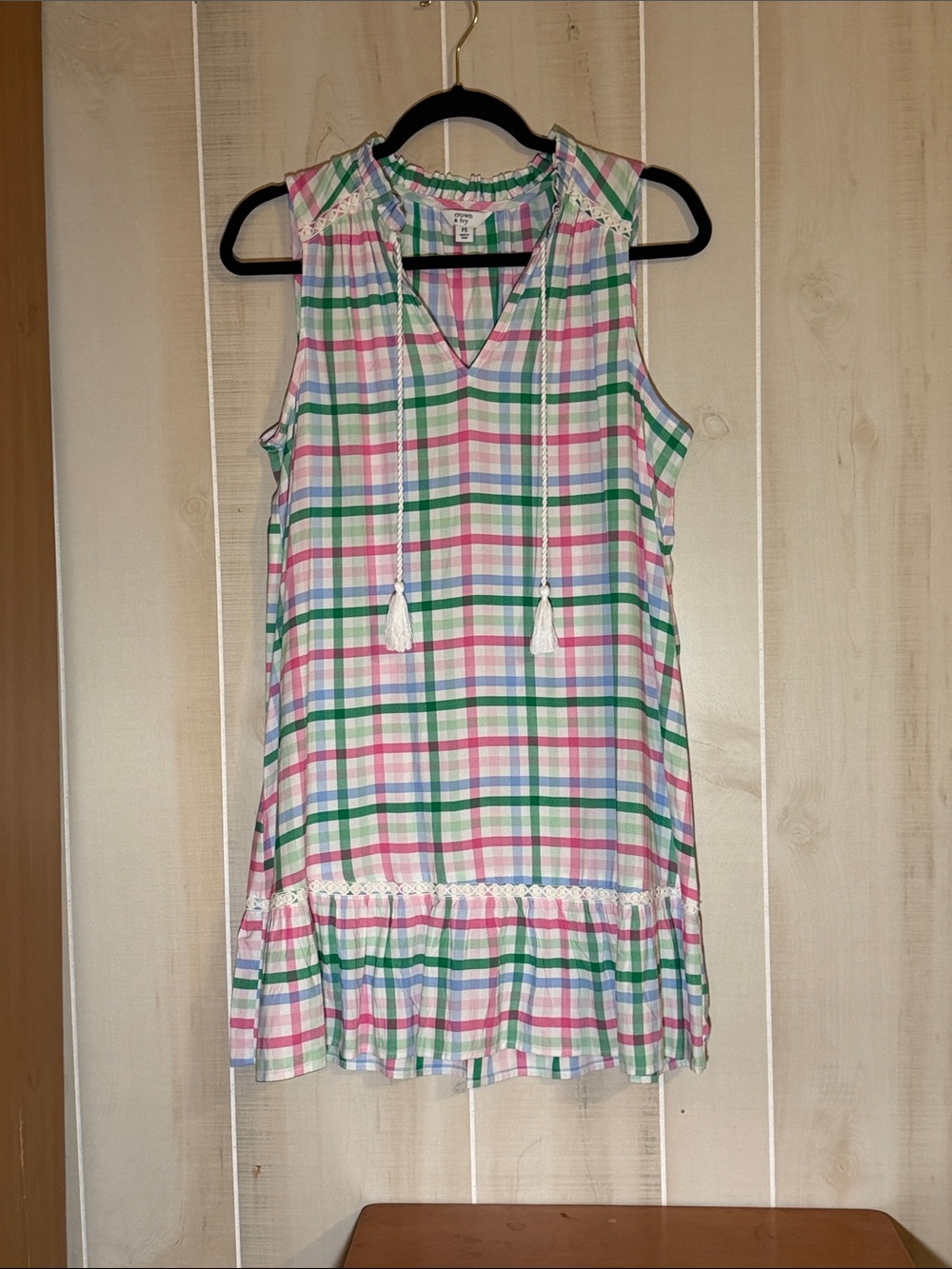 crown & ivy Plaid Sleeveless Tassel Dress - Pink, Green, Blue